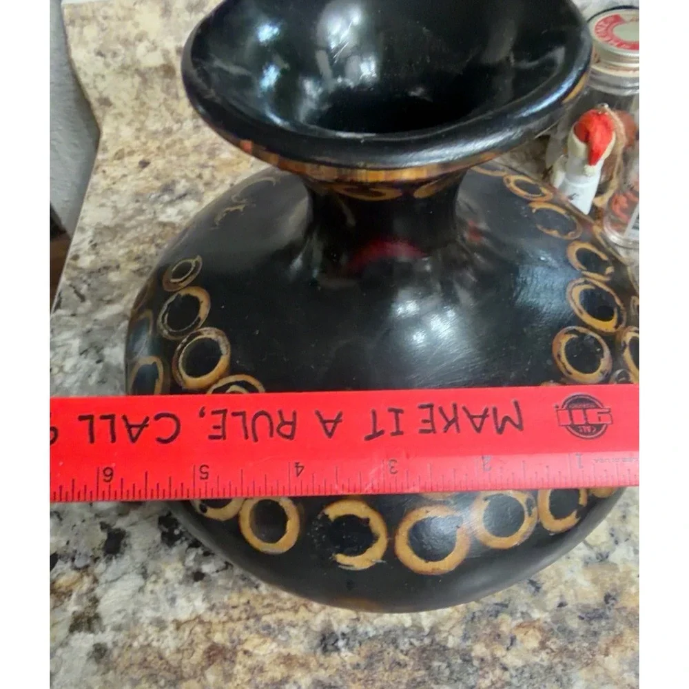 Vintage Black Ceramic Vase Abstract Gold Ring Design Mid Century Modern Studio 8